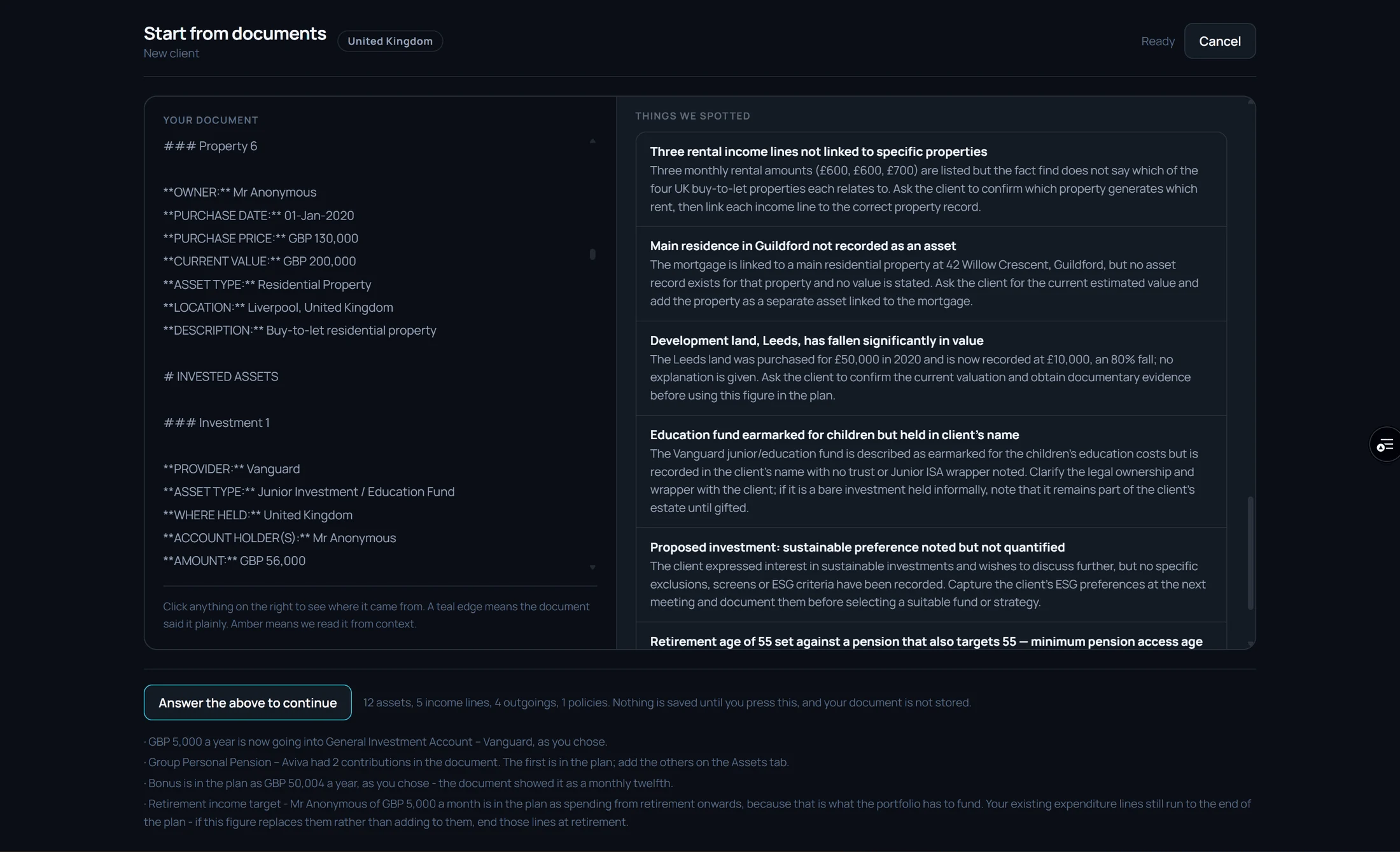 AI intake review screen: a fact find document alongside the assumptions Meridian flagged for the adviser to confirm