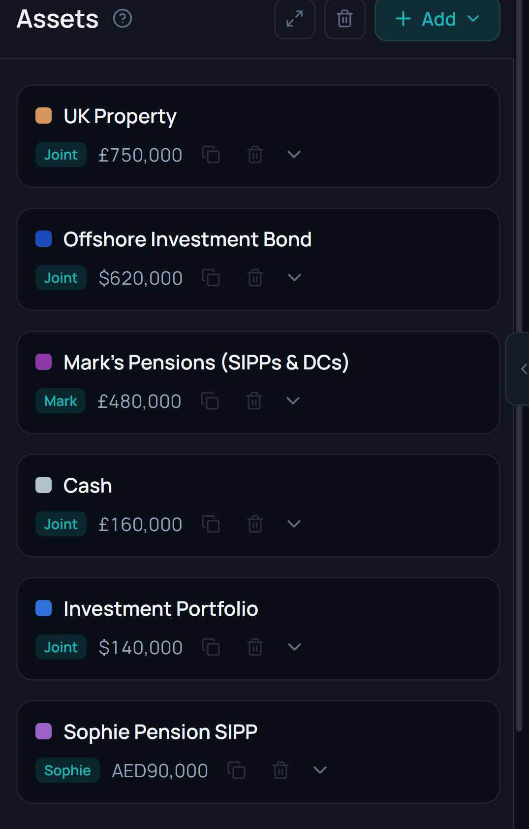 Assets held in GBP, USD and AED side by side in one plan
