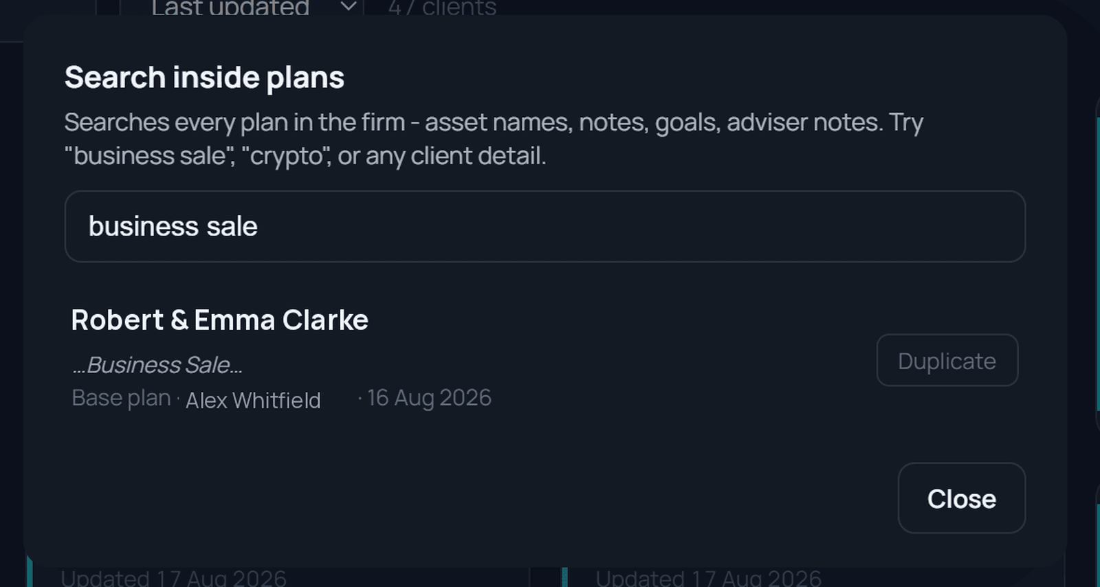 Search inside plans: finding a client by searching for business sale across every plan in the firm