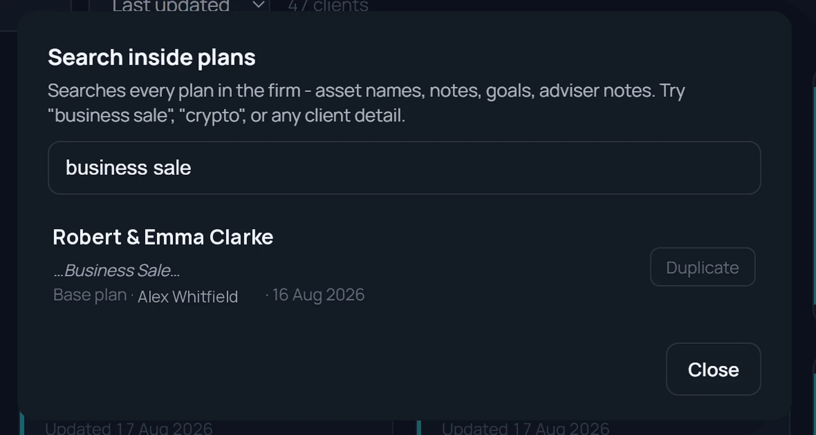 Search inside plans: finding a client by searching for business sale across every plan in the firm