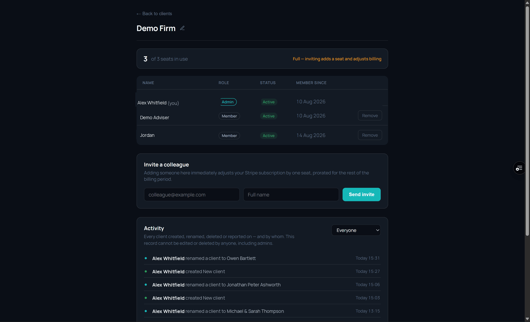 Firm page showing seats in use, team members and roles, and a full audit trail of every change