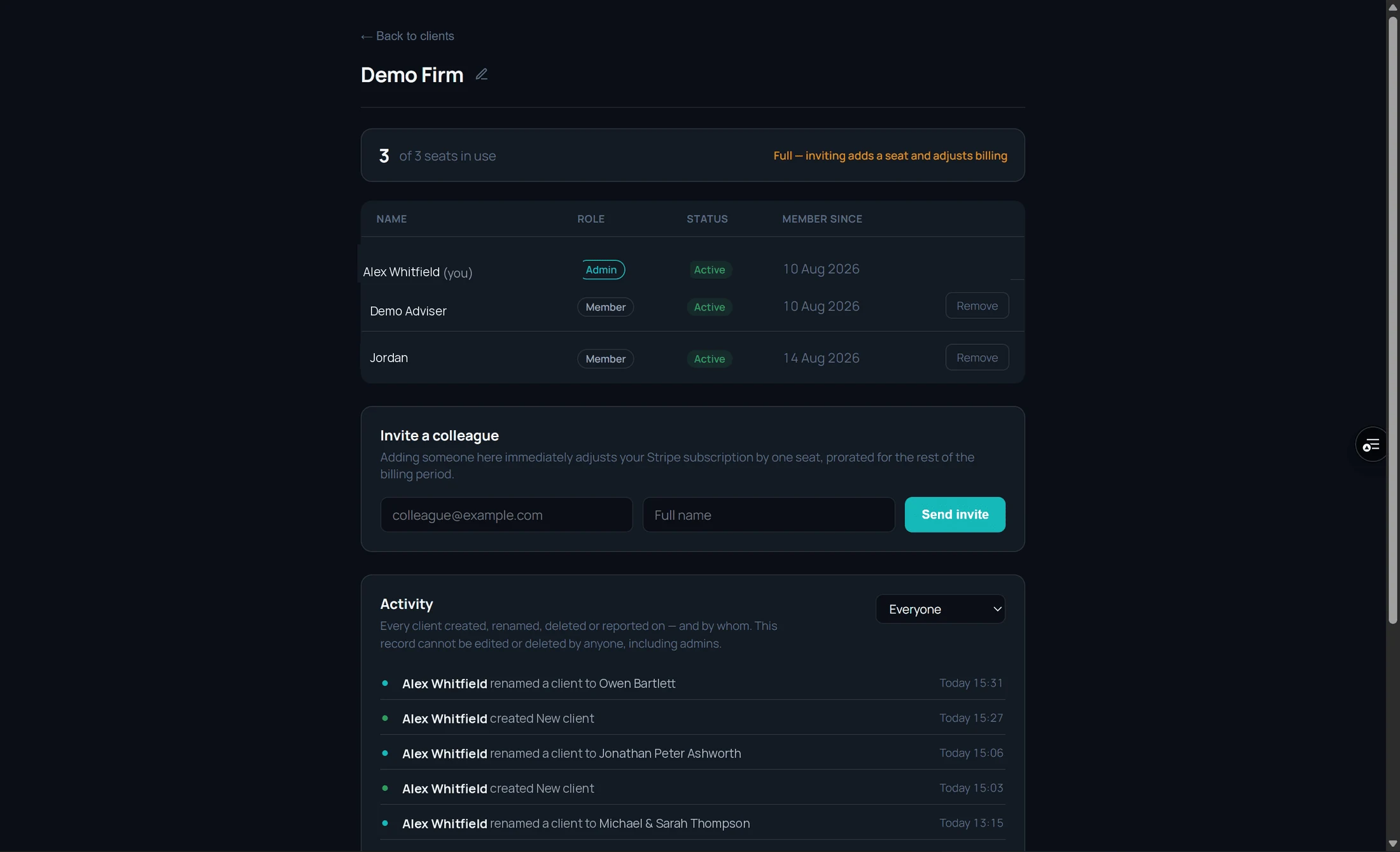 Firm page showing seats in use, team members and roles, and a full audit trail of every change