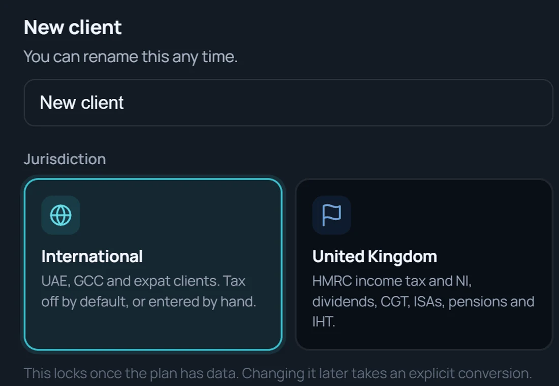 Creating a new client in Meridian: choose International or United Kingdom, then start from a blank plan or from a document